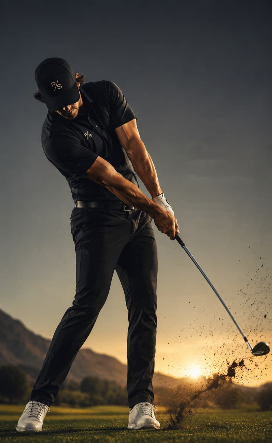 Golfer in a Pure Strike cap driving through an iron shot at sunset