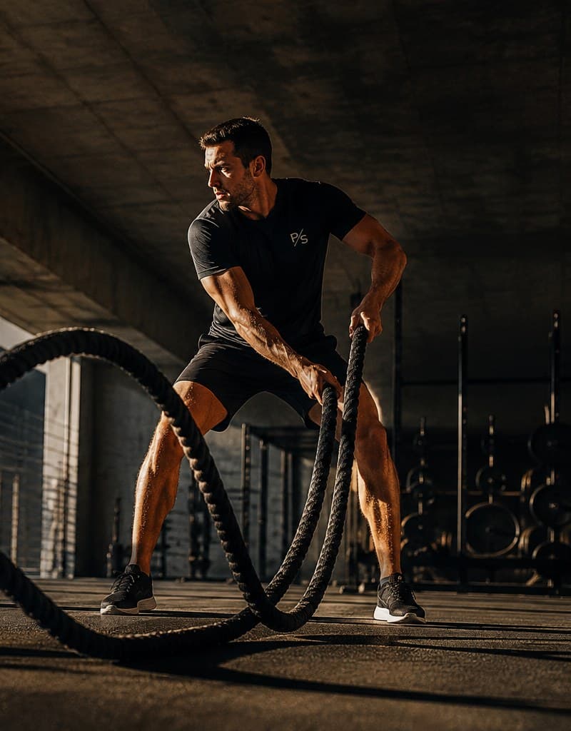 Athlete in a Pure Strike shirt training rotational power with battle ropes