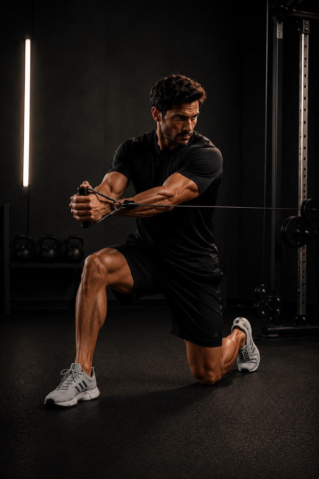 Athlete performing a half-kneeling cable rotation in a dark training studio